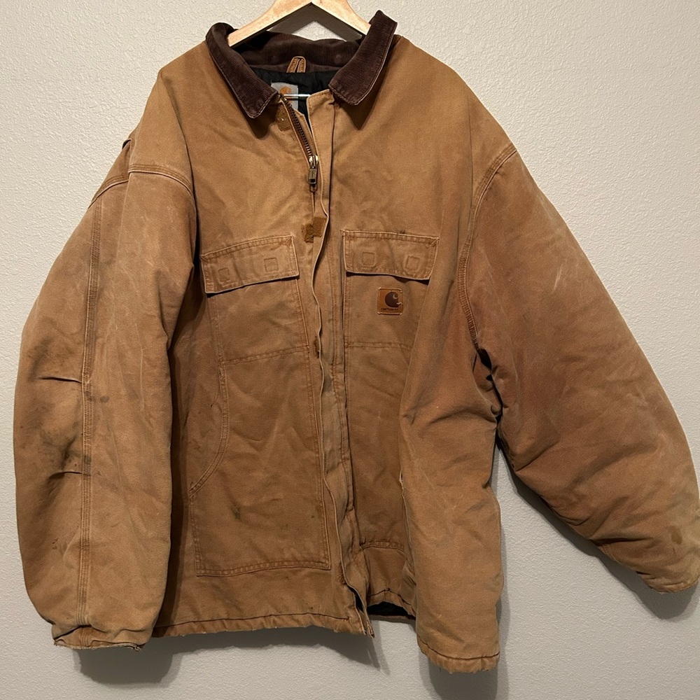 Carhartt Brown Duck Canvas Work Jacket 4XL Tall Insulated Corduroy Collar VTG